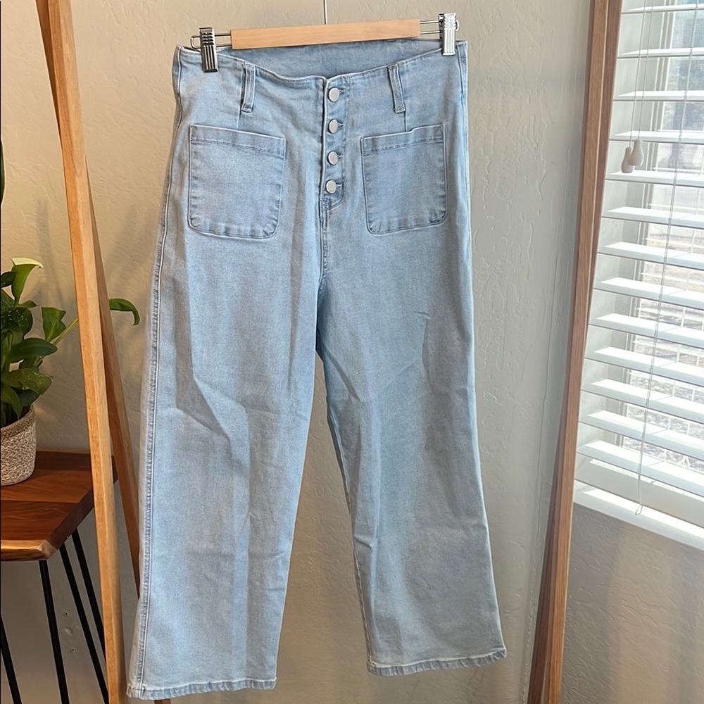 Blue Flare Wide Leg Jeans High-Waisted